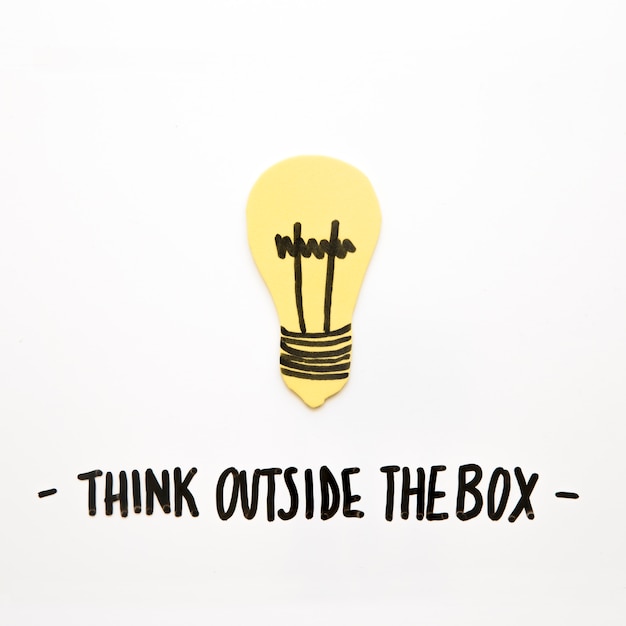 Close-up of bulb with think outside the box text on white background