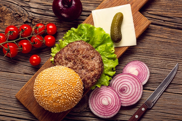 Close-up burger ingredients on cutting board