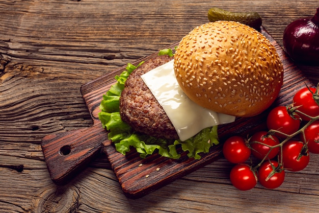 Close-up burger ingredients on cutting board