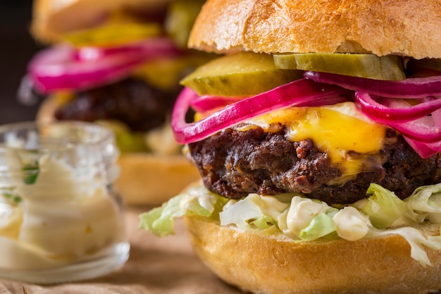 Close-up burgers with pickles