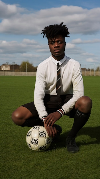 Close up business man holding soccer ball