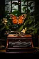 Free photo close up on butterfly near typewriter