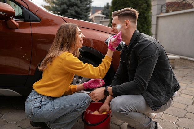 Close up on car care process