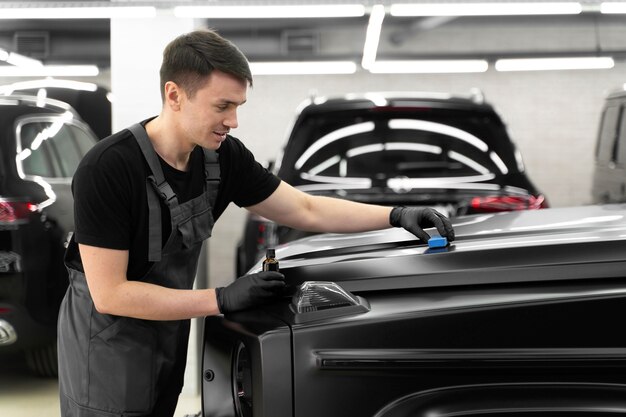 Close up on car care process