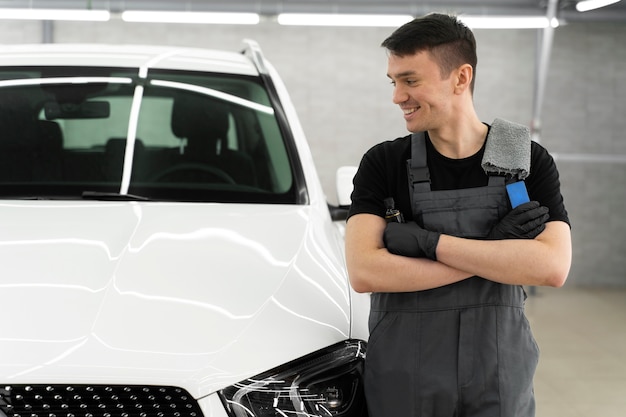 Close up on car care process