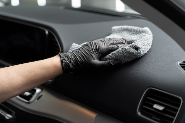 Close up on car care process