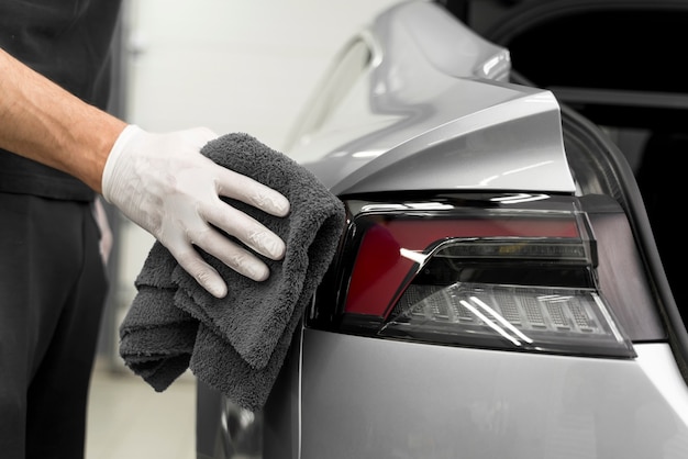 Close up on car care process