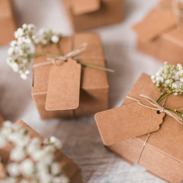 Close-up of cardboard gift boxes on wooden table