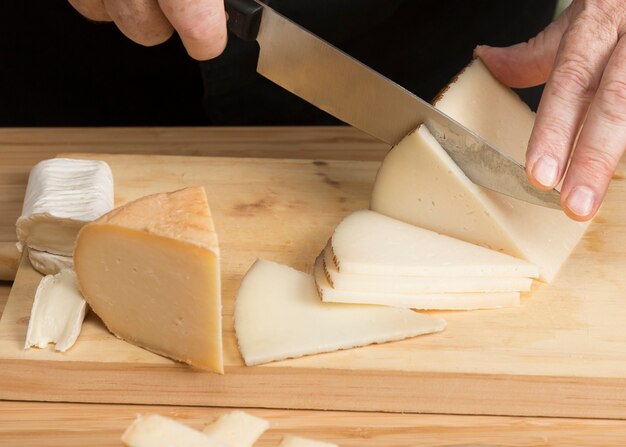 Close-up cheese slicing cheese