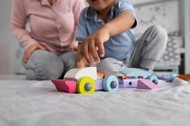 Close up on child enjoying didactic game