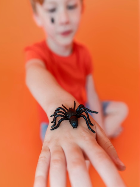 Free Photo close-up child holding halloween spider on hand