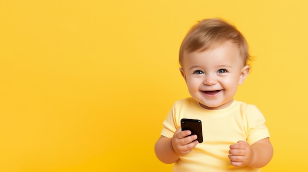 Free Photo close up on child using smart device on yellow background