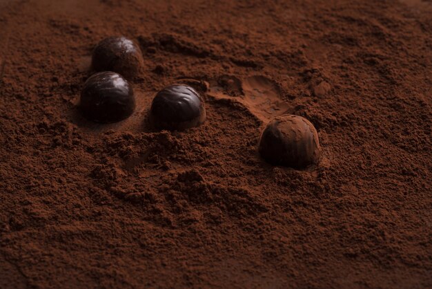 Close-up of chocolate candies over chocolate powder