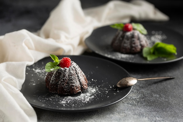 Free photo close-up chocolate dessert with sugar powder