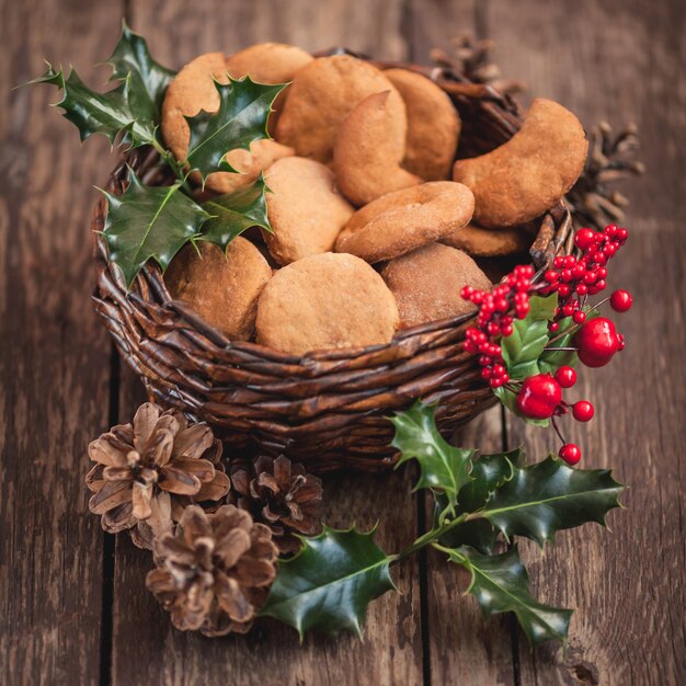 Free Photo close up of christmas cookies in basket