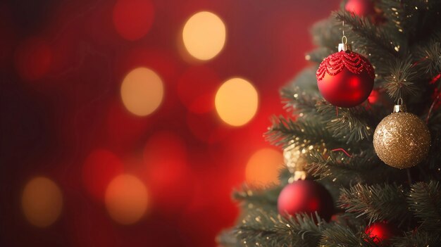 Close-up of christmas tree branch with ornaments