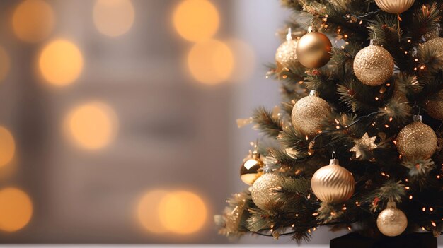 Close-up of christmas tree branch with ornaments