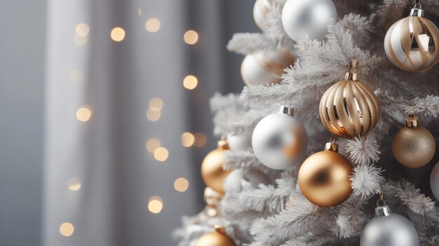 Close-up of christmas tree branch with ornaments