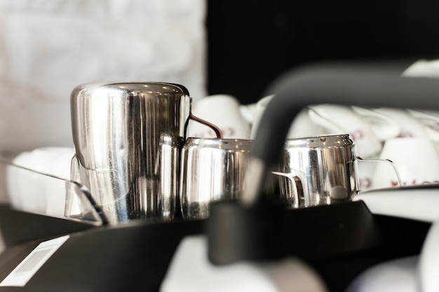 Close up coffee cups on tray