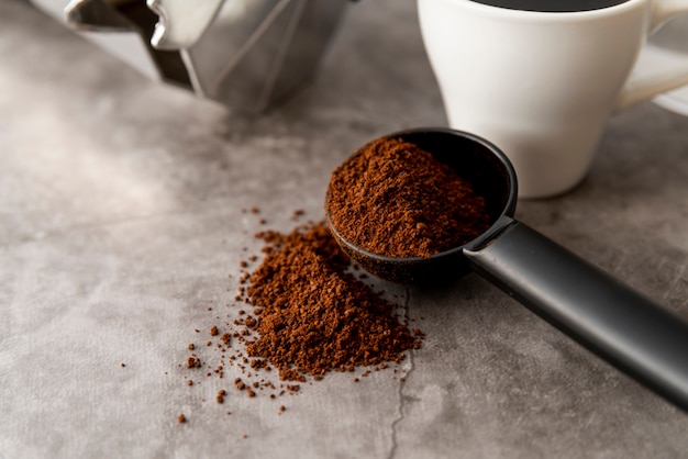 Close-up of coffee powder in a spoon