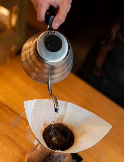 Close-up coffee process at coffee shop