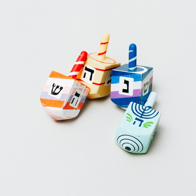 Free photo close-up collection of jewish dreidel