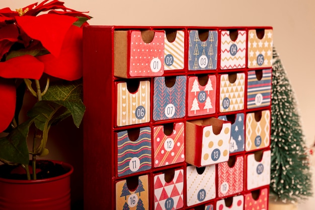 Close-up colorful advent calendar on table