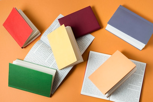 Free photo close up on colorful books pile