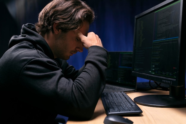 Free photo close up concerned man at desk