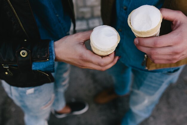 Close-up of couple with ice cream