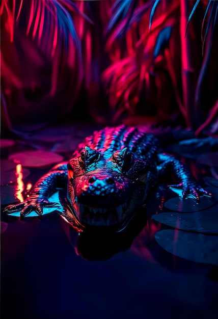 Close up on crocodile in neon light