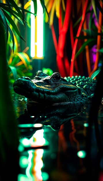 Close up on crocodile in neon light