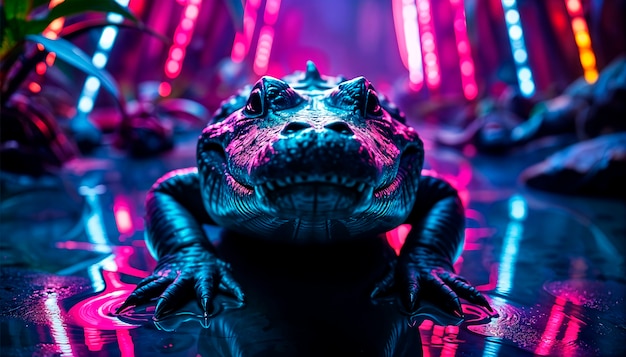 Close up on crocodile in neon light