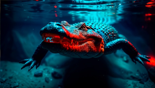 Close up on crocodile in neon light