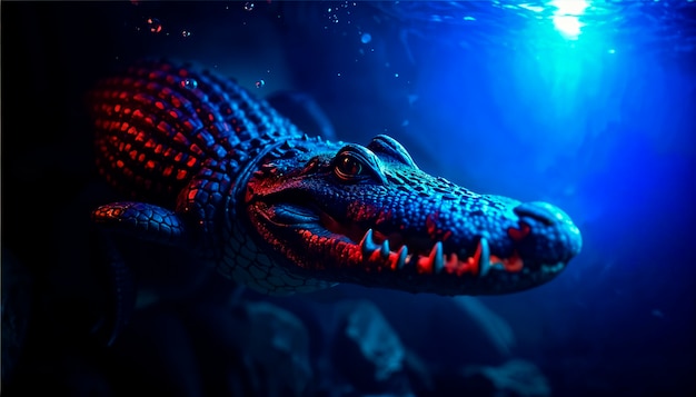 Close up on crocodile in neon light