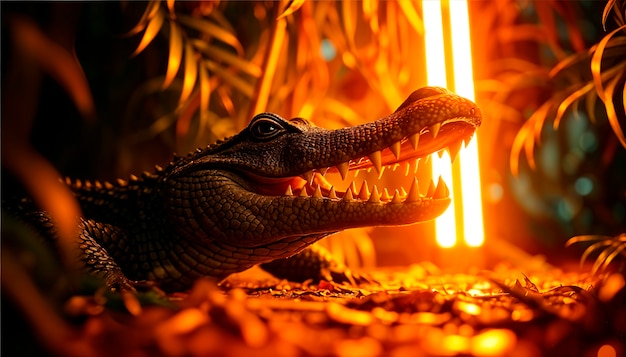 Close up on crocodile in neon light