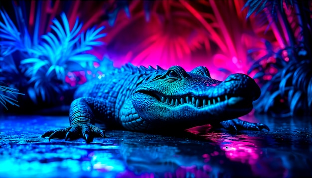 Close up on crocodile in neon light