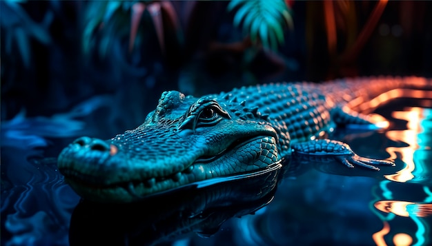 Close up on crocodile in neon light