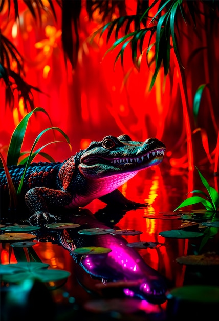 Close up on crocodile in neon light