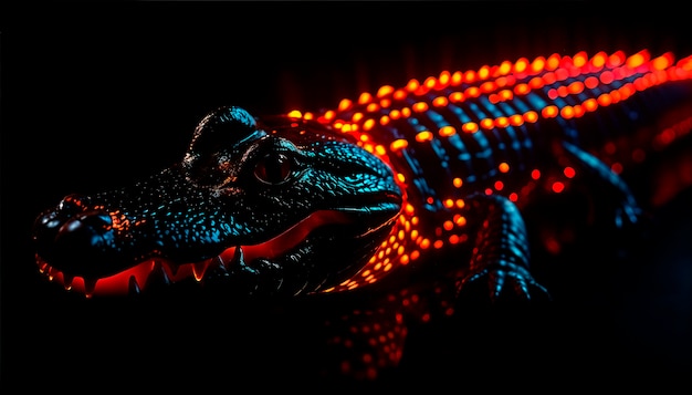 Close up on crocodile in neon light