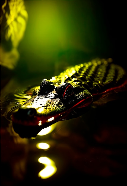 Close up on crocodile in neon light