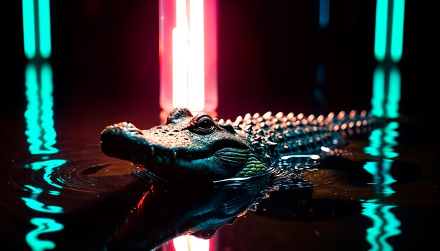 Close up on crocodile in neon light