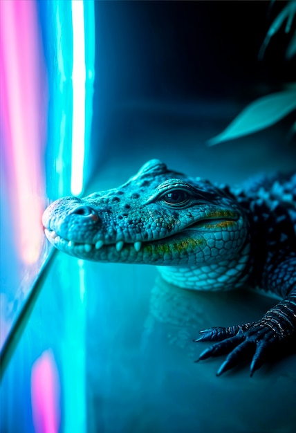 Close up on crocodile in neon light