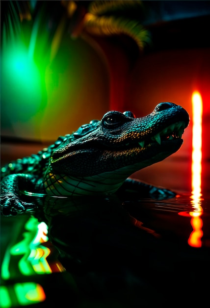 Free Photo close up on crocodile in neon light