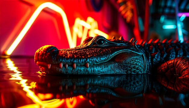 Close up on crocodile in neon light