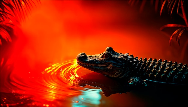 Close up on crocodile in neon light