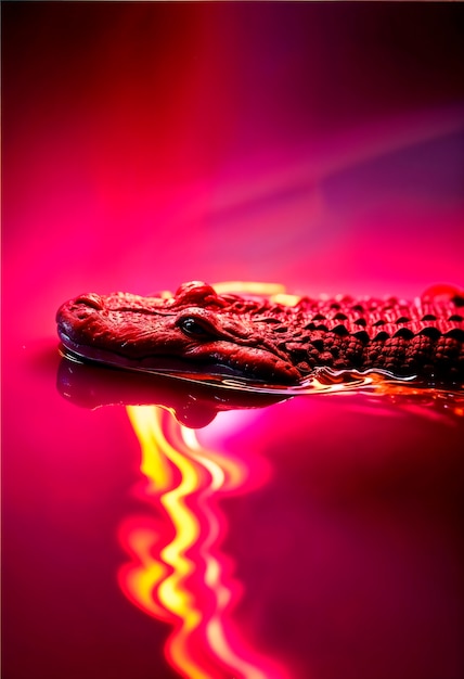 Close up on crocodile in neon light