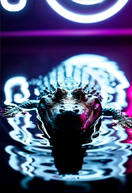 Close up on crocodile in neon light