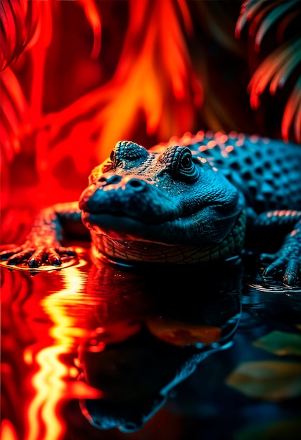 Close up on crocodile in neon light