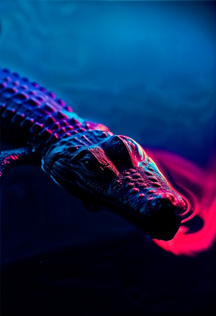 Close up on crocodile in neon light